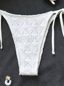 Bonvoyette Solid Color, Lacy, Knitted Triangle Swimsuit For Women, Low-Rise, With Straps. Bikini Bottom. Summer, Hot Springs, Vacation, Beachwear. Bikini Bottom. - White - View 6