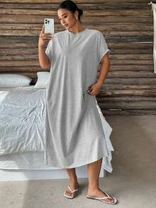 Dazy Plus Solid Color Casual Crew Neck Loose Short Sleeve Knit Maxi Dress Plus Size Women Spring Summer - Grey - View 3