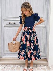 Tween Girls Dresses Spring Summer New Royal Blue Solid Color Round Neck Short Sleeve Ruffle Patchwork Floral Print Hem Tie Midi Dress, Suitable For Spring Summer Vacation, Sun Flare Dress, Girls Dress - Royal Blue - View 1