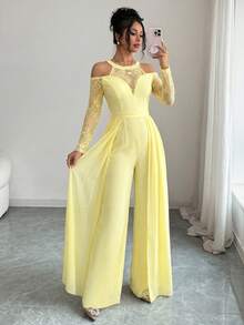 Modelyn Lace Patchwork Long Sleeve Off-Shoulder Sequin Elegant Jumpsuit For Women Party Pale Yellow Summer - Yellow - View 8