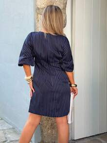 Jeta Ari Women's Elegant Navy Blue And White Summer Petal Sleeve V Neck Mini Dress,Casual Office Work A Line Dresses For Vacation,Holiday & Wedding Guest Wear - Navy Blue - View 3