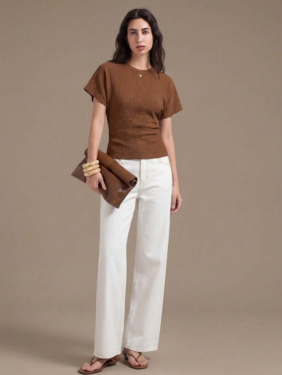 Women's Shades Of Brown Textured Fabric High Elasticity Small Collar Loose Short Sleeve Cinched Waist A-Line Top, Elegant Office Wear All Season