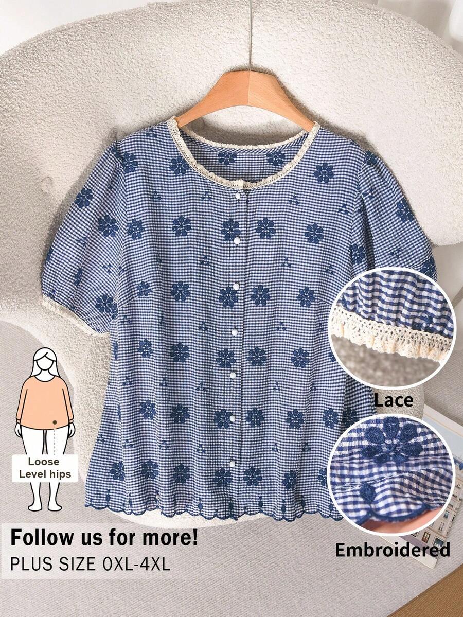 CosyJoli 大尺碼女款刺繡襯衫，休閒女裝蕾絲襯衫春/夏短袖上衣