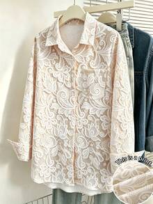 Resyla Blusa de encaje de manga larga con solapa y abotonadura sencilla de un solo pecho, de unicolor, adecuada para uso diario - Multicolor - Ver 1
