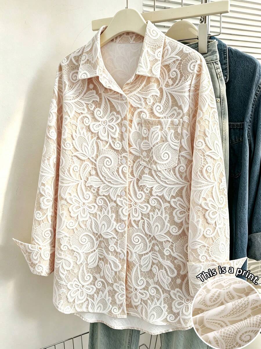 Resyla Blusa de encaje de manga larga con solapa y abotonadura sencilla de un solo pecho, de unicolor, adecuada para uso diario - Multicolor - Ver 1