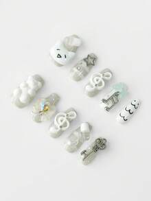 ROMWE Kawaii 10 Pieces Y2K Rhinestone Cat Manicure, High-Quality White Handmade Manicure, Retro Striped Polka Dots, Coffin-Shaped False Nail - white cat - View 2