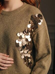 MOTF PREMIUM WOMEN'S PLUS FASHIONABLE AUTUMN/WINTER SEQUIN EMBROIDERED CREW NECK PULLOVER SWEATER - Khaki - View 4