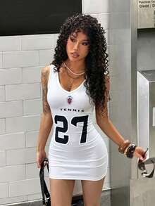 StreetHx 女款V領數位印花修身緊身背心洋裝，適合運動賽事 - 白色 - 查看 7
