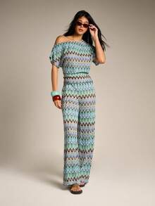 AiiRZ Women Zig Zag Knit Asymmetric Off Shoulder Short Sleeve Multicolor Zig Zag Pattern Relaxed Fit Top - Multicolor - View 4