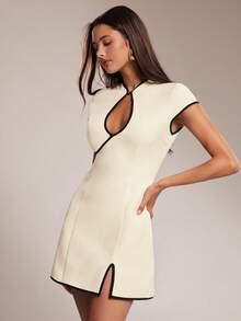 SHEIN BAE Spring Summer Black And White Colorblock Short Sleeve Water Drop Neck Fitted Mini Dress Suitable For Brunch Night Out Wedding Guest Social Sexy - Apricot - View 3