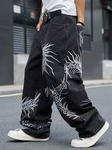 Manfinity EMRG 男士街頭風休閒刺繡黑色牛仔褲 - 黑色 - 查看 5