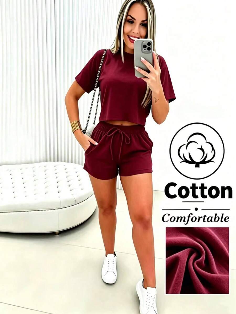 EMERY ROSE Women's Solid Color Round Neck Short Sleeve Top And Shorts Casual Daily Set - Burgundy - View 1