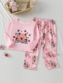 女童休閒可愛水豚印花長袖秋季/冬季褲子牛奶絲面料居家服套裝圓領針織卡通動物2件組柔軟舒適 - 粉色 - 查看 2