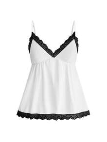 ROMWE Kawaii Plus Size Sweet Pure Innocent Cute Doll Style Ribbed Lace Cami Shorts Casual Sleepwear Set - White - View 7