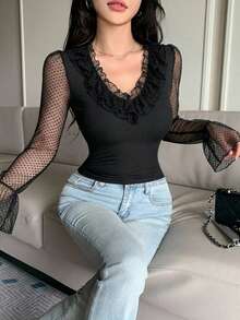 DAZY 女款夏季黑色蕾絲飾邊拼接婚禮宴會派對洋裝，修身優雅通勤透視網紗長袖T恤上衣 - 黑色 - 查看 7