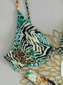SHEIN Swim 女款夏季海灘豹紋與斑馬紋性感比基尼三角褲兩件式泳衣套裝 - 彩色 - 查看 4