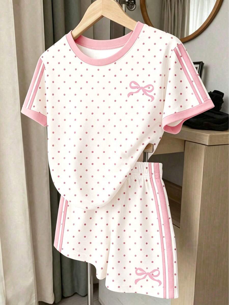 少女黑色與白色波點對比條紋迷你蝴蝶結圖案印花休閒可愛極簡寬鬆短袖T恤上衣套裝 - 彩色 - 查看 1
