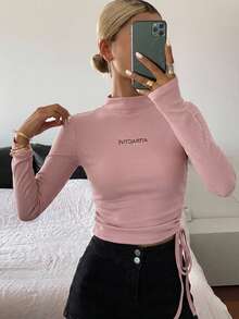 DAZY Letter Graphic Drawstring Side Mock Neck Tee,Fall Clothes Long Sleeve Women Tops - Pink - View 9