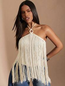 Denimoi Women's Spring/Summer Solid Color Tassel Crochet Sleeveless Knit Top - White - View 3