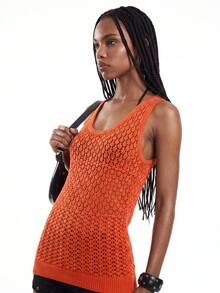 SHEIN Women's Solid Color Casual Versatile Daily Wear Knit Sleeveless Top - Orange - View 6