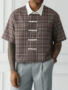 HUEFORM Men's Fashion Plaid Print  Frog-Button Mandarin  Cropped Fit Shirt ,Perfect For Those Who Care About Style In Their Outfits. - Khaki - View 3