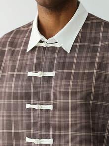 HUEFORM Men's Fashion Plaid Print  Frog-Button Mandarin  Cropped Fit Shirt ,Perfect For Those Who Care About Style In Their Outfits. - Khaki - View 7