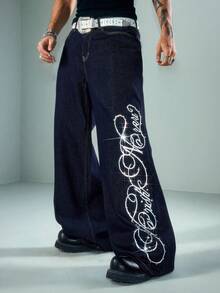 ROMWE MEN Jeans de mezclilla de corte holgado para hombre con patrón de bordado de diamantes brillantes - Azul lavado oscuro - Ver 1