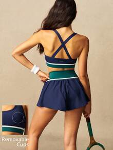 VARSIVA American Vintage Style Women's Striped Colorblock Cropped Tank Top And Shorts Sports Fitness Set - Multicolor - View 12
