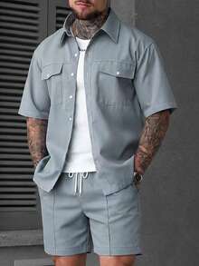 SLATEMANN Men's Solid Color Single-Breasted Double Pocket Design Short Sleeve Shirt And Shorts Set - Dusty Blue - View 5