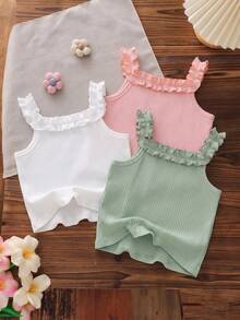 SHEIN Genkimix Kids 3件組少女夏季純色棉質羅紋彈性荷葉邊背心上衣 - 彩色 - 查看 8