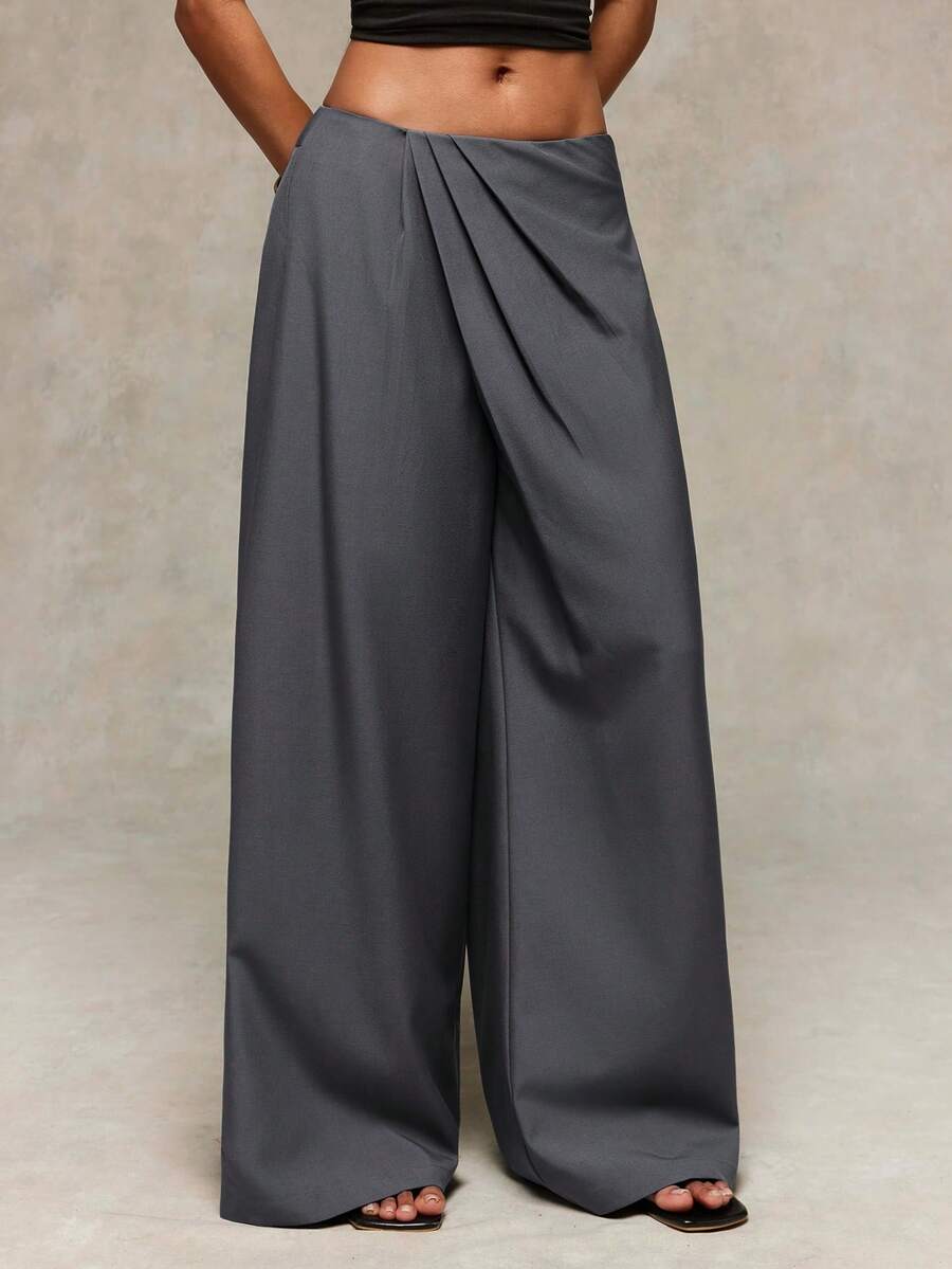 Normani Women's Solid Color Pleated Straight Leg Loose Casual Elegant Long Pants Work Gray Autumn