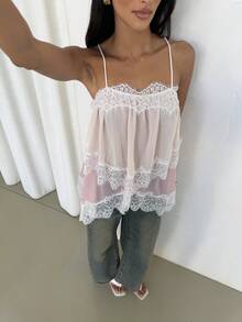 Aloruh 女款夏季優雅撞色蕾絲細肩帶背心 - 棕色 - 查看 8