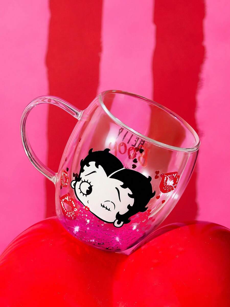 Betty Boop x SHEIN 1個 8.8oz/260ml 卡通圖案硼矽酸鹽雙層玻璃馬克杯,咖啡杯,耐冷耐熱,適用於牛奶、果汁、咖啡、氣泡水等,俏皮、唇印、亮面,禮物靈感,派對,節日,情人節 - 夾層玫紅 - 查看 1