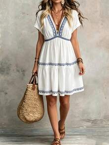 Breezaya Vacation-Style Embroidered Plunge Neck Sexy Slim A-Line Mini Dress, Short Sleeve - White - View 1