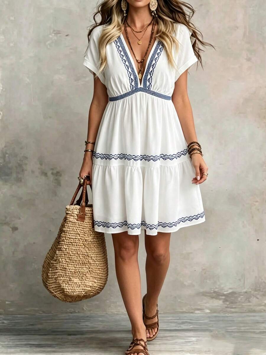 Breezaya Vacation-Style Embroidered Plunge Neck Sexy Slim A-Line Mini Dress, Short Sleeve - White - View 1