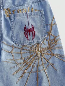 ROMWE MEN Men's Loose Fit Denim Shorts With Spider Embroidery Pattern - Baby Blue - View 2