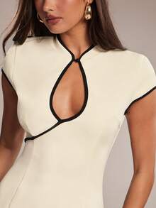 SHEIN BAE Spring Summer Black And White Colorblock Short Sleeve Water Drop Neck Fitted Mini Dress Suitable For Brunch Night Out Wedding Guest Social Sexy - Apricot - View 6