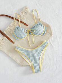 Swim Mod 新款女款 Coquette 可愛風夏季海灘度假風兩件式比基尼套裝，掛脖荷葉邊上衣配前綁帶設計，可調節肩帶，高衩性感三角褲，純黃波浪紋理面料，柔軟透氣輕盈快乾彈性材質，適合夏季度假、泳池派對、海灘假期、音樂節、母親節/婚禮假期、春假 - 藍色 - 查看 8
