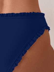 SHEIN Swim 女款夏季海灘純色荷葉邊飾比基尼三角泳褲 - 藍色 - 查看 3