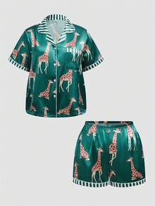 Chillnights Conjunto de pijama de talla grande con estampado de rayas de leopardo, cuello de solapa y botones, de satén, estilo casual juvenil - Multicolor - Ver 1