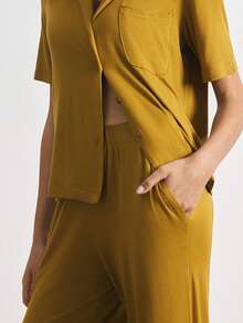 Ocili Women's Solid Color Short Sleeve Single-Breasted Top And Pants Casual Loungewear Set - Mustard Yellow - View 5