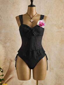 Bellisia Women's Lace Patchwork Ruched Tankini & Triangle Tankini Bottom Two-Piece Swimsuit Set, Suitable For Summer Vacation And Beach - Black - View 1