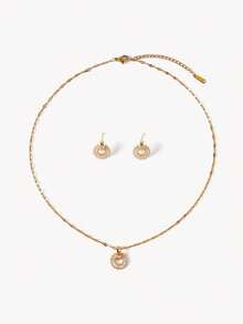 Opalesca 1Set Stainless Steel Chain Necklace & Earrings, Luxury Rhinestone Linked Design Personalized Banquet Jewelry Set, No Gift Box - Gold - View 5