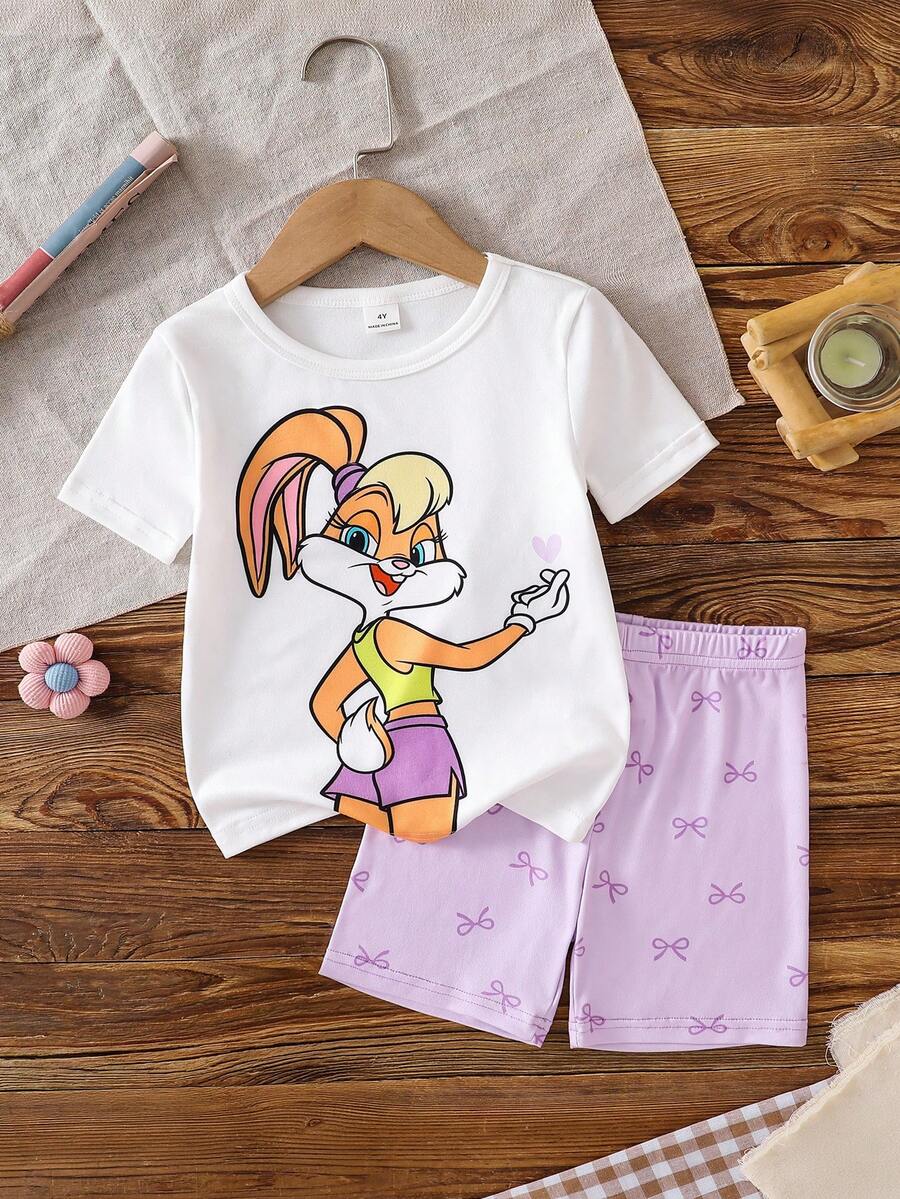 LOONEY TUNES X SHEIN Young Girl Ponytail Rabbit Graphic Short Sleeve T-Shirt And Bow Print Shorts Sweet Summer Versatile Fitted Loungewear Set - Multicolor - View 1