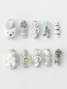 ROMWE Kawaii 10 Pieces Y2K Rhinestone Cat Manicure, High-Quality White Handmade Manicure, Retro Striped Polka Dots, Coffin-Shaped False Nail - white cat - View 1