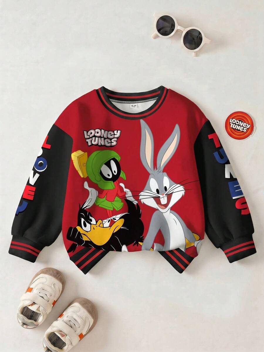 LOONEY TUNES X SHEIN 男嬰圓領字母卡通圖案拼色休閒日常長袖衛衣 - 白色 - 查看 1