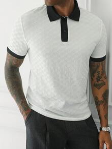 HUEFORM Men's Mature Style Rhombus Jacquard Vintage Old Money Casual Daily Commute Versatile Textured Contrast Color Collar Knit Short Sleeve Top - White - View 1
