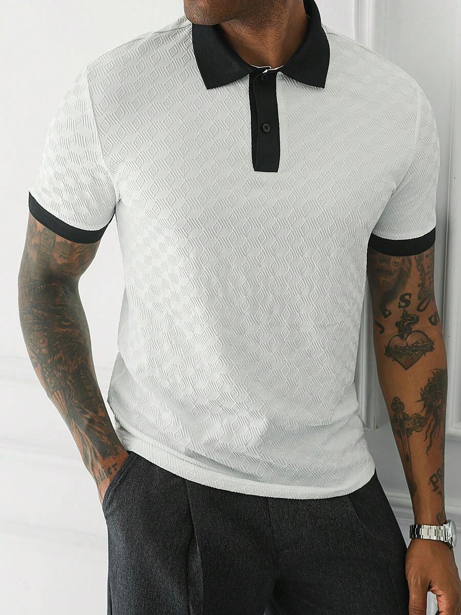HUEFORM Men's Mature Style Rhombus Jacquard Vintage Old Money Casual Daily Commute Versatile Textured Contrast Color Collar Knit Short Sleeve Top - White - View 1