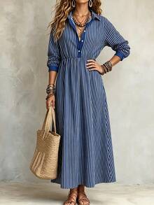 Linhara CURVE Plus Size Woven Striped Elegant Autumn Long Dress - Blue - View 3