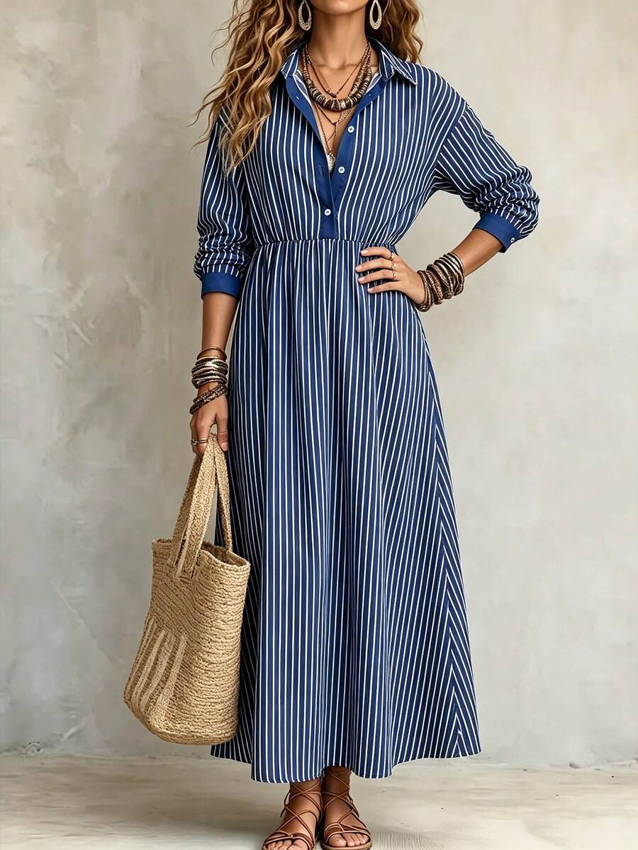 Linhara CURVE Plus Size Woven Blue And White Elegant Boho Autumn Long Dress Vacation Fall Vacation - Blue - View 1